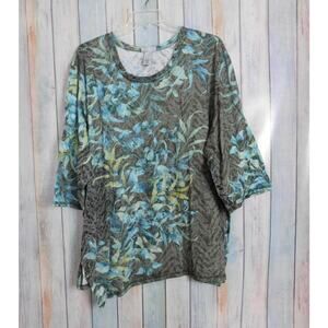 Catherines Woman Shirt 4X Green Blue Floral 3/4 Long Sleeve